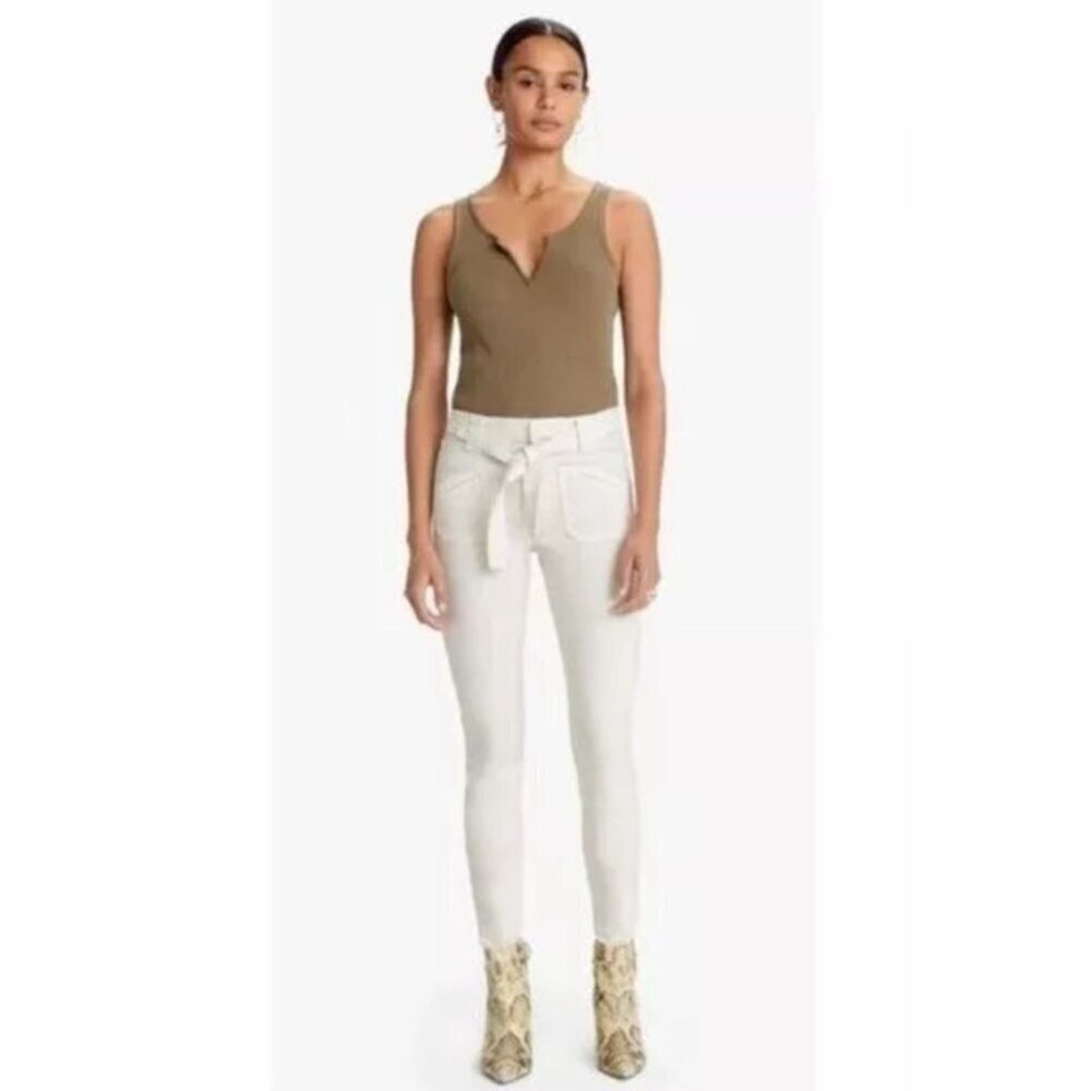 New MOTHER Women Tie Patch Looker Beige Tan Skinny Jeans High Rise Pockets 26